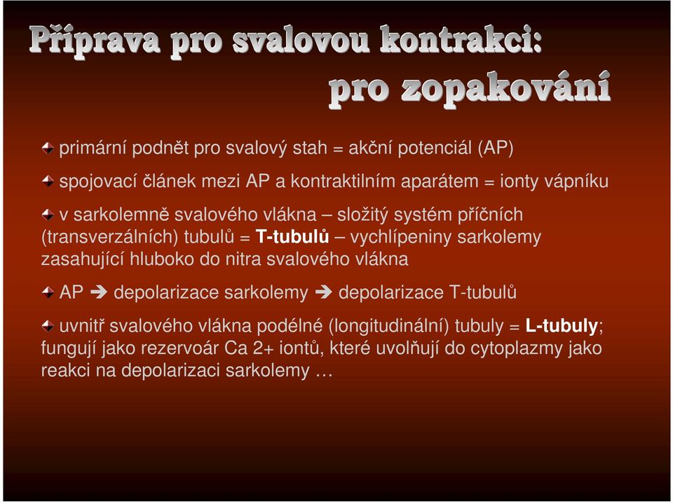 hluboko do nitra svalového vlákna AP depolarizace sarkolemy depolarizace T-tubulů uvnitř svalového vlákna podélné