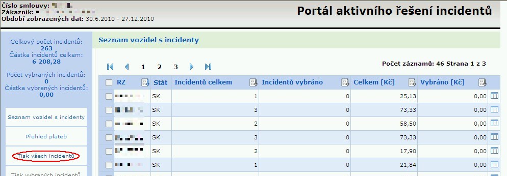 Tisk všech incidentů V základním okně IWP klikněte v levém sloupci na volbu Tisk všech incidentů, viz Obr. 10.