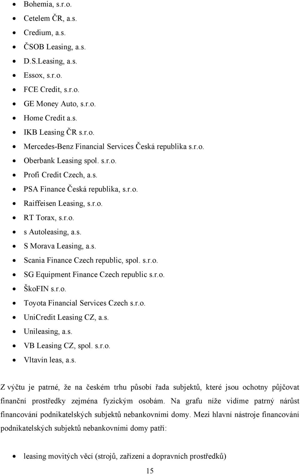 s.r.o. SG Equipment Finance Czech republic s.r.o. ŠkoFIN s.r.o. Toyota Financial Services Czech s.r.o. UniCredit Leasing CZ, a.s. Unileasing, a.s. VB Leasing CZ, spol. s.r.o. Vltavín leas, a.s. Z výčtu je patrné, ţe na českém trhu působí řada subjektů, které jsou ochotny půjčovat finanční prostředky zejména fyzickým osobám.