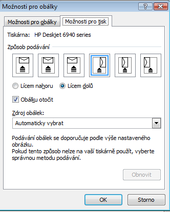 podkarta VYTVOŘIT OBÁLKA Vytvoření obálky 1. KORESPONDENCE, VYZVOŘIT, OBÁLKA 2. Dopíšeme adresu, můžeme i zpáteční 3.