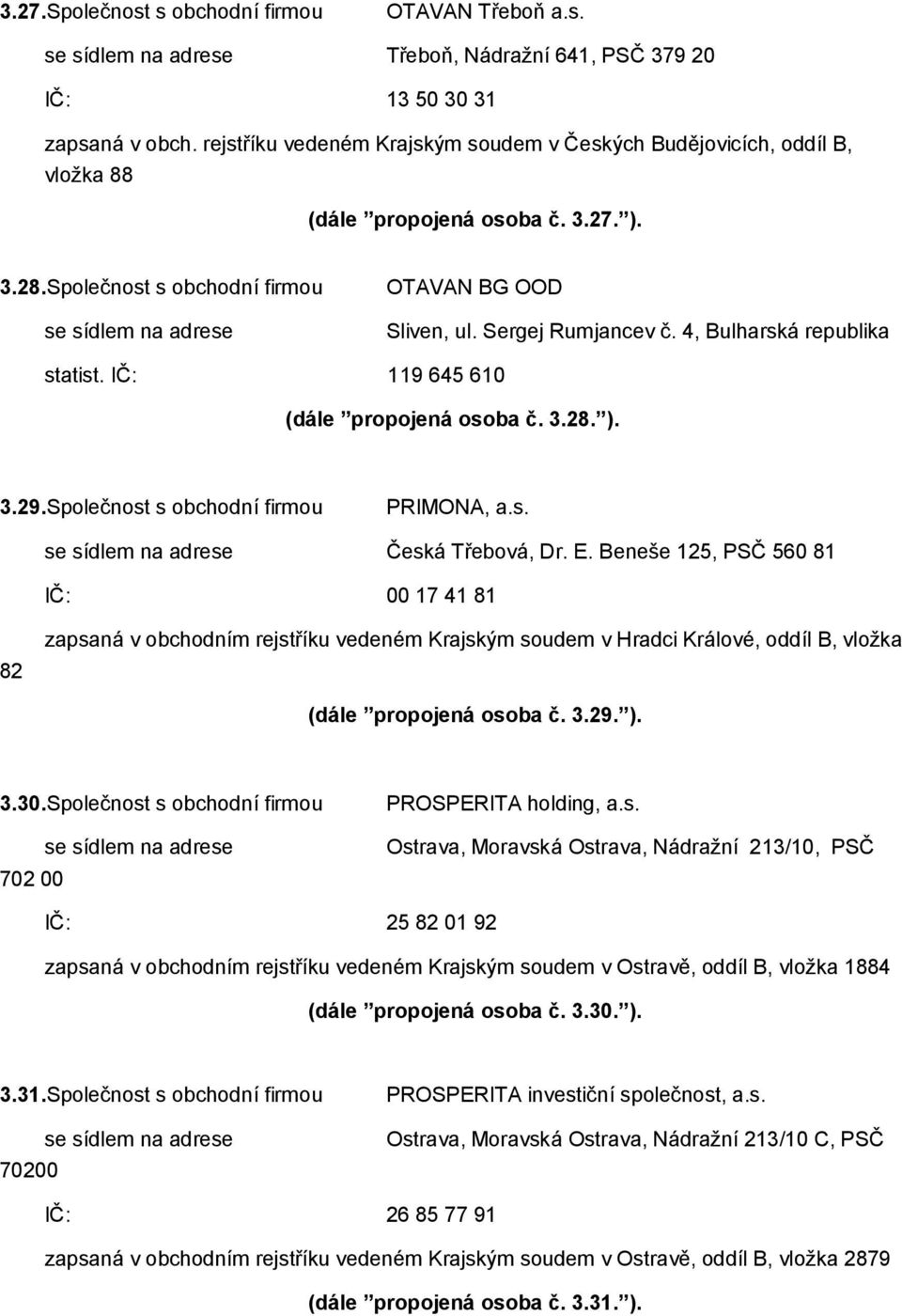 Sergej Rumjancev č. 4, Bulharská republika statist. IČ: 119 645 610 (dále propojená osoba č. 3.28. ). 3.29.Společnost s obchodní firmou PRIMONA, a.s. se sídlem na adrese Česká Třebová, Dr. E.