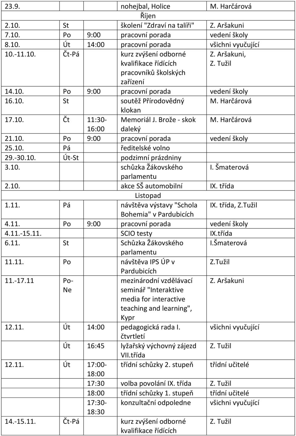 10. Pá ředitelské volno 29.-30.10. Út-St podzimní prázdniny 3.10. schůzka Žákovského I. Šmaterová 2.10. akce SŠ automobilní IX. třída Listopad 1.11.