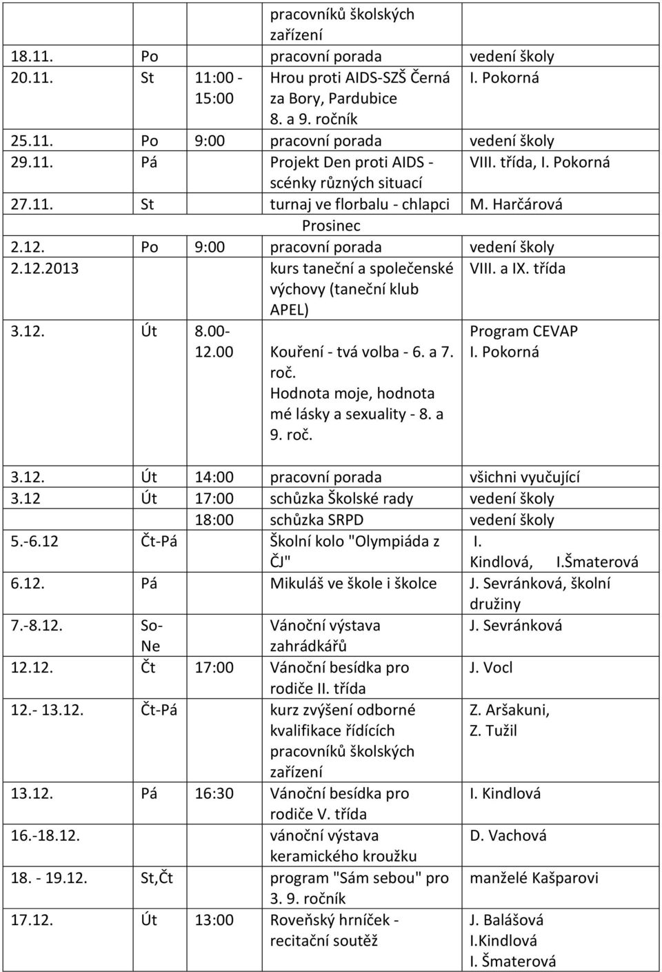 12. Út 8.00-12.00 Kouření - tvá volba - 6. a 7. roč. Hodnota moje, hodnota mé lásky a sexuality - 8. a 9. roč. VIII. a IX. třída Program CEVAP I. Pokorná 3.12. Út 14:00 pracovní porada všichni vyučující 3.