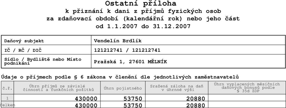 .7 Vendelín Brdlík IC ˇ / RC ˇ / DICˇ 74 / 74 Sídlo / Bydliste ˇ ˇ nebo Místo podnikaní Prazska ˇ, 76 MELNIK ˇ Udaje o príjmech ˇ podle 6