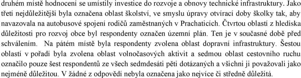 Čtvrtou oblastí z hlediska důležitosti pro rozvoj obce byl respondenty označen územní plán. Ten je v současné době před schválením.