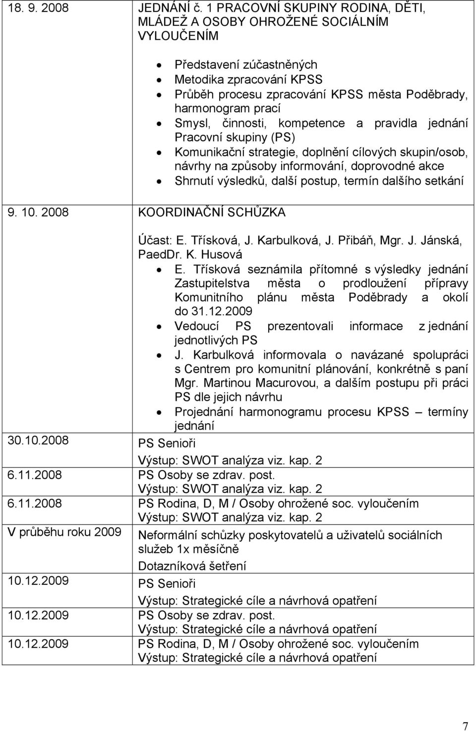 skupiny (PS) Komunikační strategie, doplnění cílových skupin/osob, návrhy na způsoby informování, doprovodné akce Shrnutí výsledků, další postup, termín dalšího setkání Účast: E. Třísková, J.