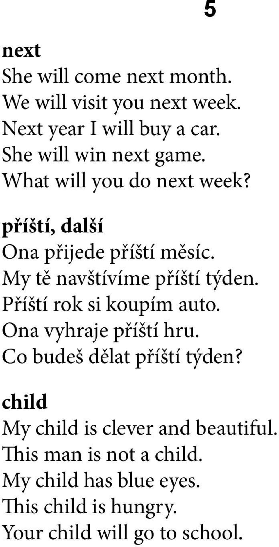 My tě navštívíme příští týden. Příští rok si koupím auto. Ona vyhraje příští hru.