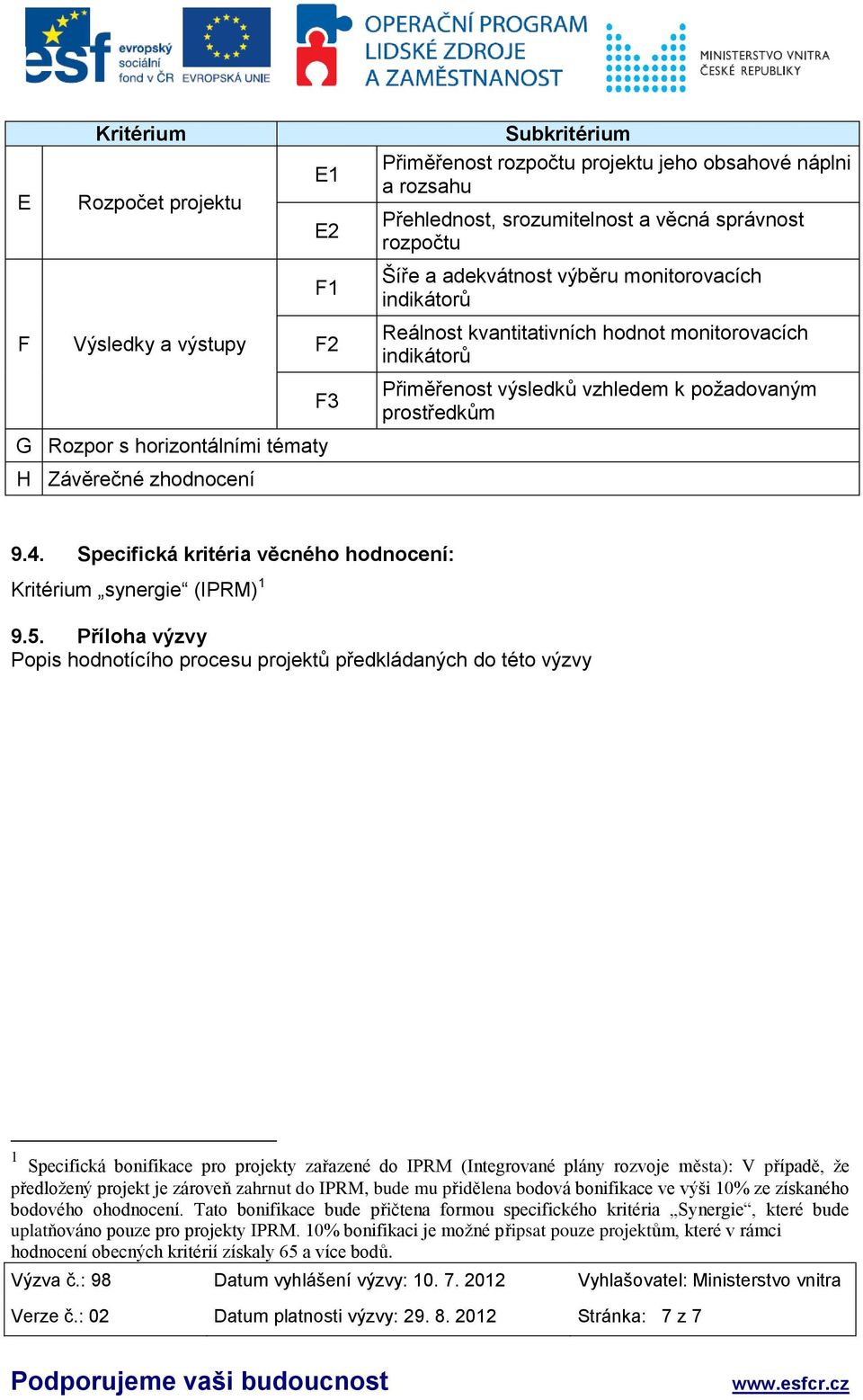 H Závěrečné zhodnocení 9.4. Specifická kritéria věcného hodnocení: Kritérium synergie (IPRM) 1 9.5.