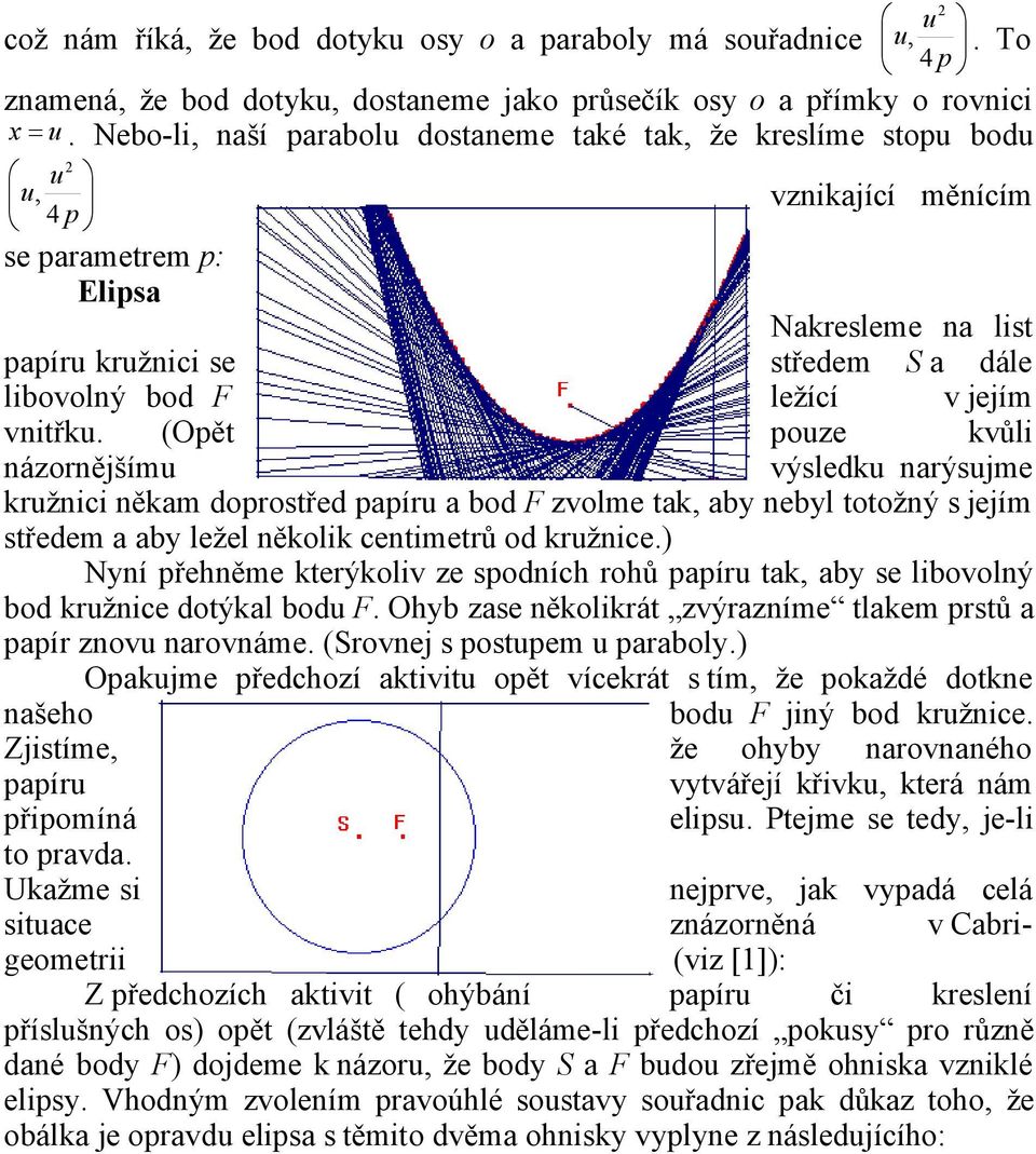 jejím vnitřku. (Opět pouze kvůli názornějšímu výsledku narýsujme kružnici někam doprostřed papíru a bod F zvolme tak, aby nebyl totožný s jejím středem a aby ležel několik centimetrů od kružnice.