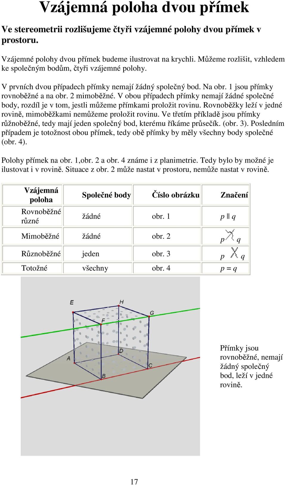 V obou případech přímky nemají žádné společné body, rozdíl je v tom, jestli můžeme přímkami proložit rovinu. Rovnoběžky leží v jedné rovině, mimoběžkami nemůžeme proložit rovinu.