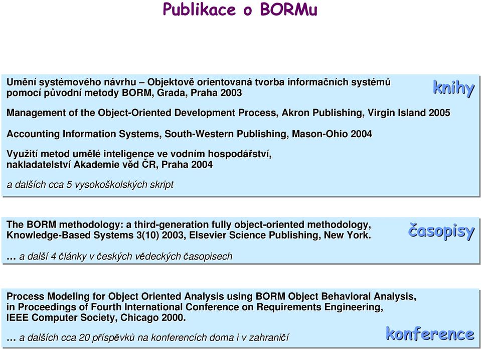 Praha 2004 a dalších cca 5 vysokoškolských skript The BORM methodology: a third-generation fully object-oriented methodology, Knowledge-Based Systems 3(10) 2003, Elsevier Science Publishing, New York.