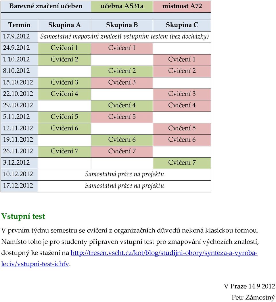 11.2012 Cvičení 6 Cvičení 6 26.11.2012 Cvičení 7 Cvičení 7 3.12.2012 Cvičení 7 10.12.2012 Samostatná práce na projektu 17.12.2012 Samostatná práce na projektu Vstupní test V prvním týdnu semestru se cvičení z organizačních důvodů nekoná klasickou formou.