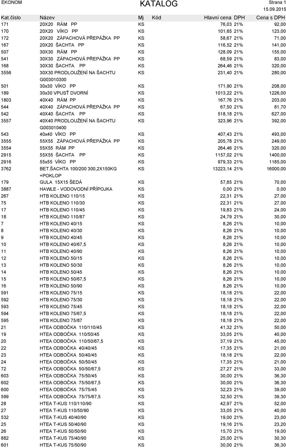 208,00 189 30x30 VPUSŤ DVORNÍ KS 1013,22 21% 1226,00 1803 40X40 RÁM PP KS 167,76 21% 203,00 544 40X40 ZÁPACHOVÁ PŘEPÁŽKA PP KS 67,50 21% 81,70 542 40X40 ŠACHTA PP KS 518,18 21% 627,00 3557 40X40