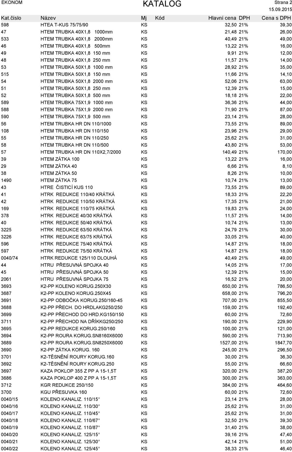 52,06 21% 51 HTEM TRUBKA 50X1,8 250 mm KS 12,39 21% 15,00 52 HTEM TRUBKA 50X1,8 500 mm KS 18,18 21% 589 HTEM TRUBKA 75X1,9 1000 mm KS 36,36 21% 44,00 588 HTEM TRUBKA 75X1,9 2000 mm KS 71,90 21% 87,00