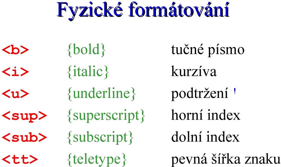 <sup> {superscript} horní index <sub>