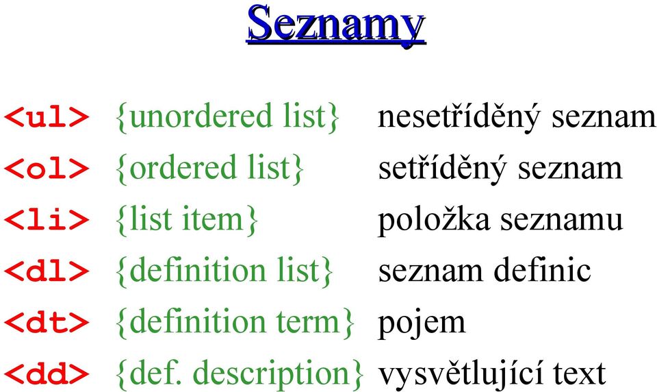 seznamu <dl> {definition list} seznam definic <dt>