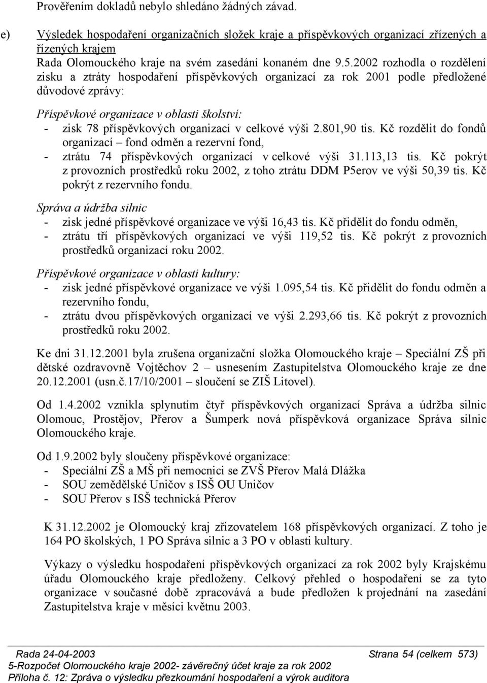 2002 rozhodla o rozdělení zisku a ztráty hospodaření příspěvkových organizací za rok 2001 podle předložené důvodové zprávy: Příspěvkové organizace v oblasti školství: - zisk 78 příspěvkových