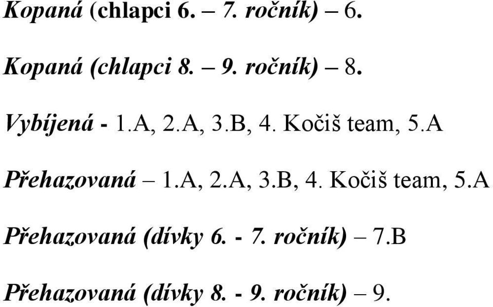 A Přehazovaná 1.A, 2.A, 3.B, 4. Kočiš team, 5.