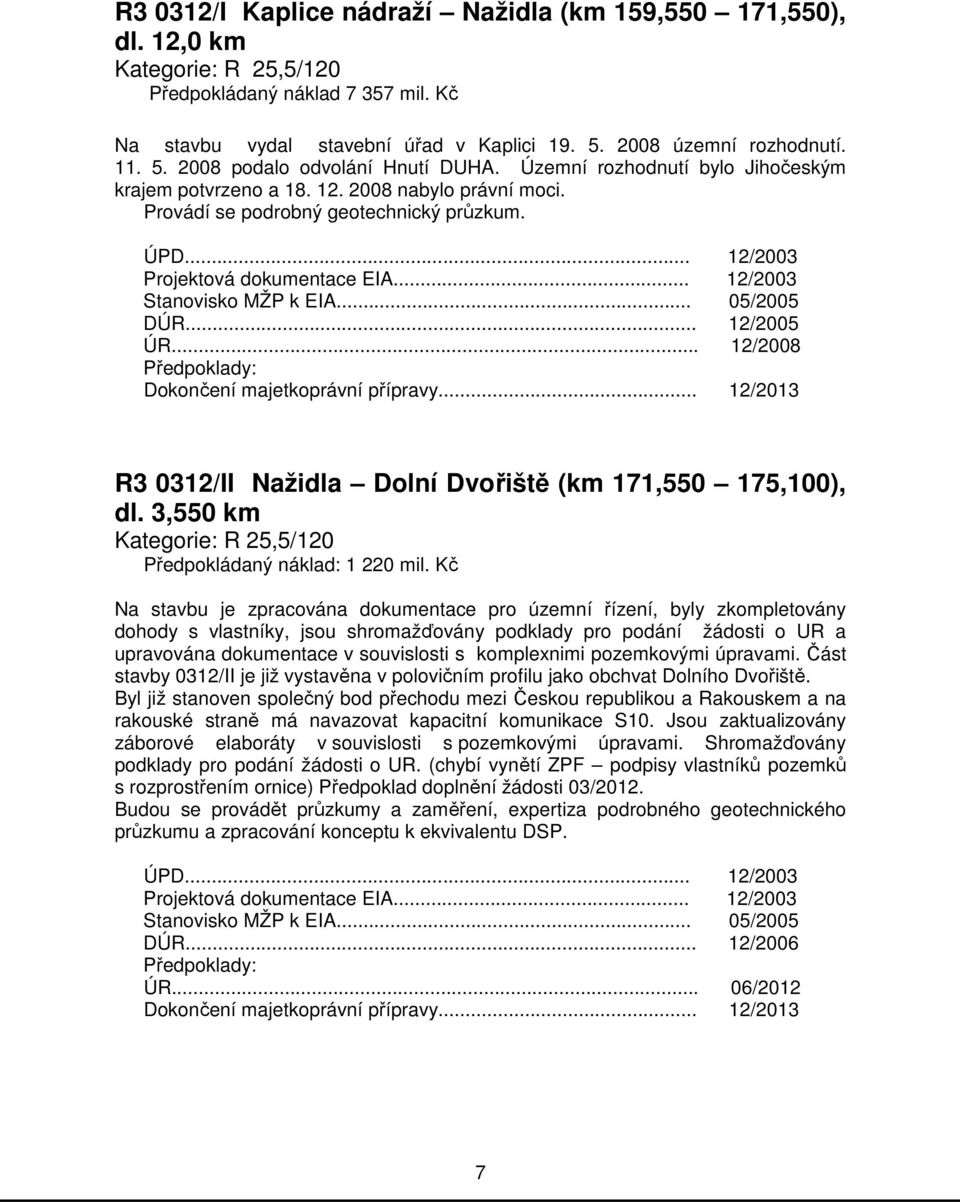 .. 12/2003 Projektová dokumentace EIA... 12/2003 Stanovisko MŽP k EIA... 05/2005 DÚR... 12/2005 ÚR... 12/2008 Dokončení majetkoprávní přípravy.