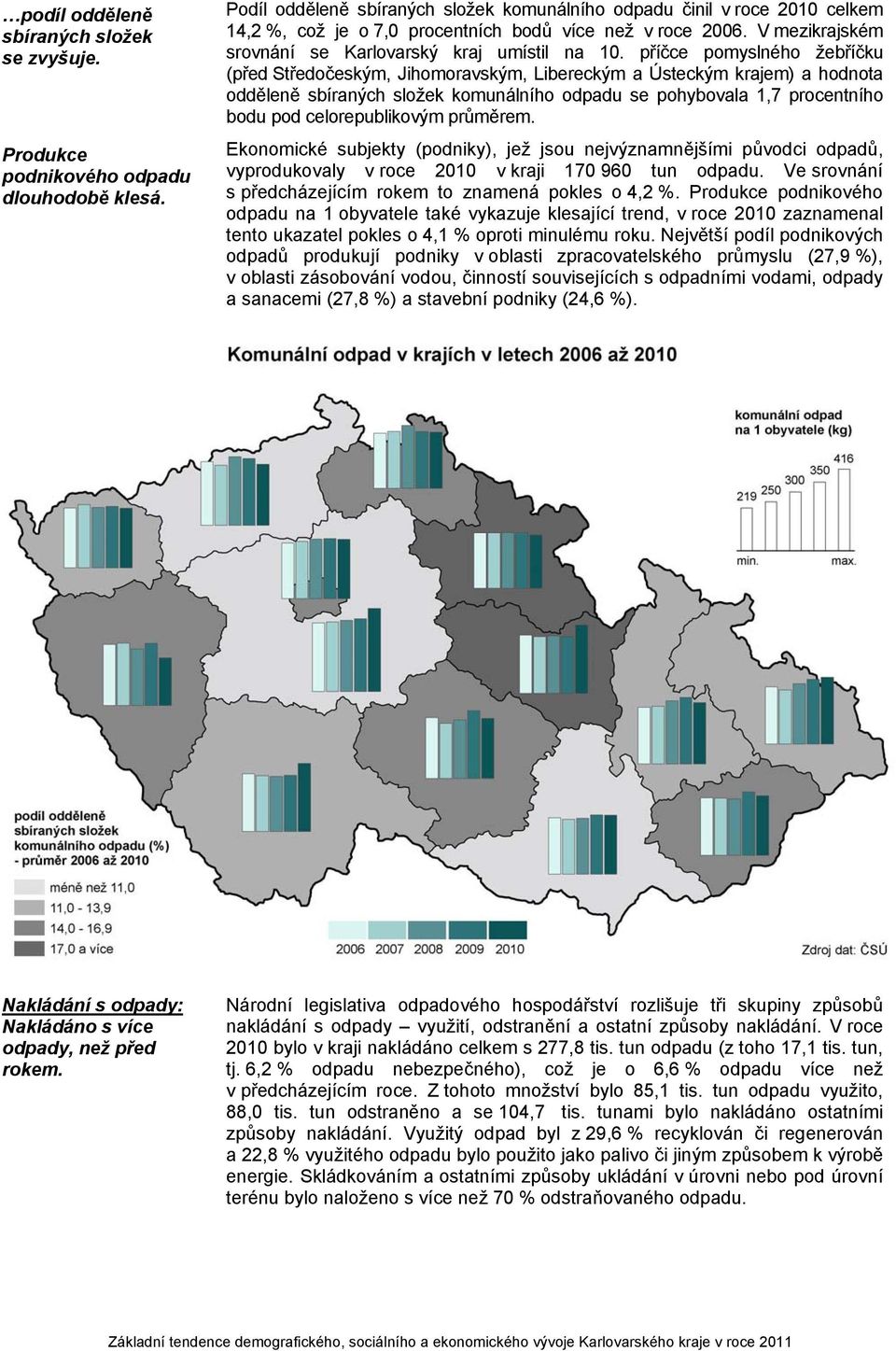 příčce pomyslného žebříčku (před Středočeským, Jihomoravským, Libereckým a Ústeckým krajem) a hodnota odděleně sbíraných složek komunálního odpadu se pohybovala 1,7 procentního bodu pod