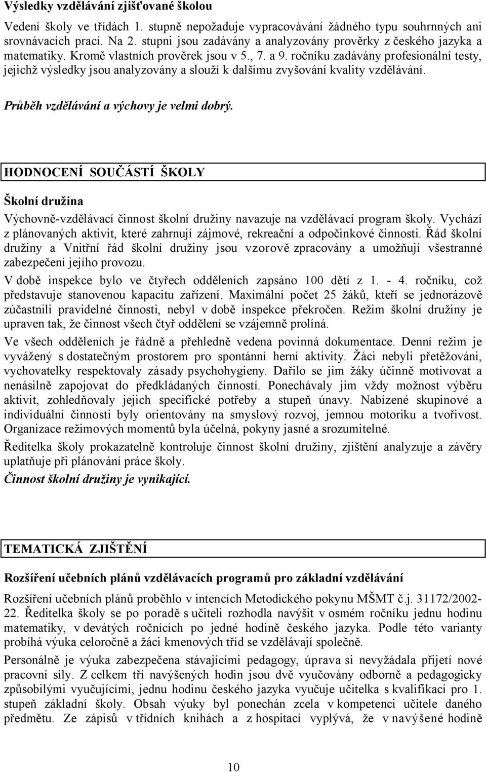 ročníku zadávány profesionální testy, jejichž výsledky jsou analyzovány a slouží k dalšímu zvyšování kvality vzdělávání. Průběh vzdělávání a výchovy je velmi dobrý.