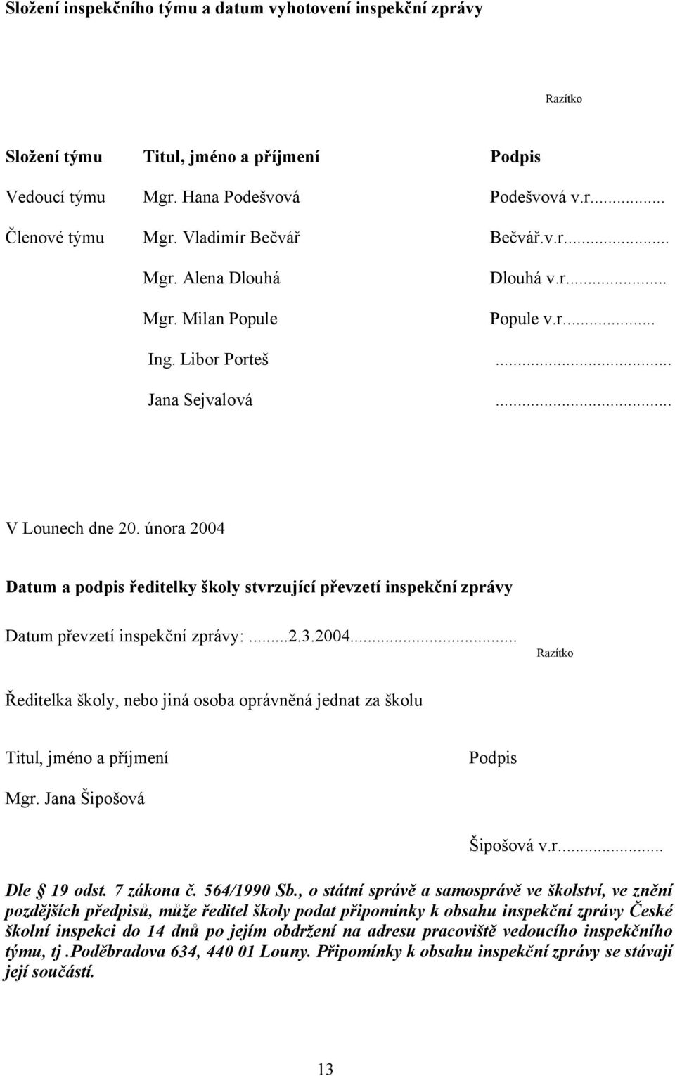 února 2004 Datum a podpis ředitelky školy stvrzující převzetí inspekční zprávy Datum převzetí inspekční zprávy:...2.3.2004... Razítko Ředitelka školy, nebo jiná osoba oprávněná jednat za školu Titul, jméno a příjmení Podpis Mgr.