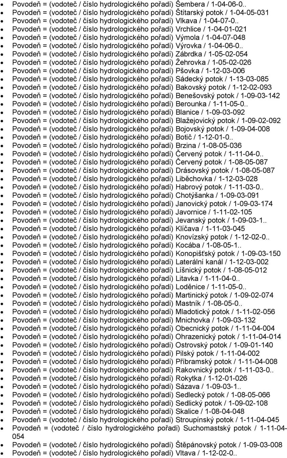 . Povodeň = (vodoteč / číslo hydrologického pořadí) Vrchlice / 1-04-01-021 Povodeň = (vodoteč / číslo hydrologického pořadí) Výmola / 1-04-07-048 Povodeň = (vodoteč / číslo hydrologického pořadí)