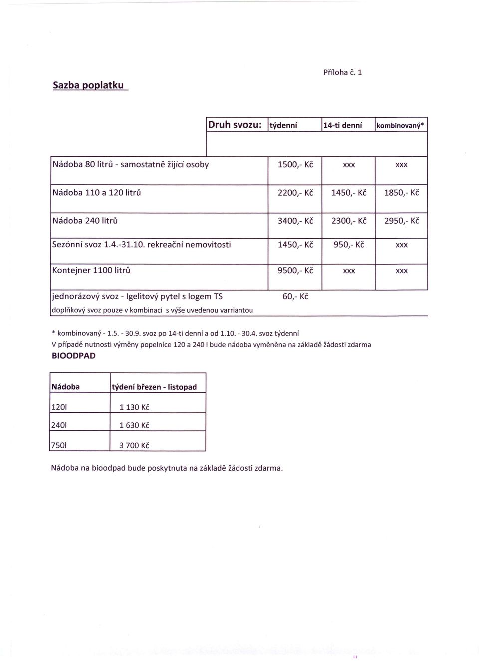 Kč 2950,- Kč Sezónní svoz 1.4.-31.10.