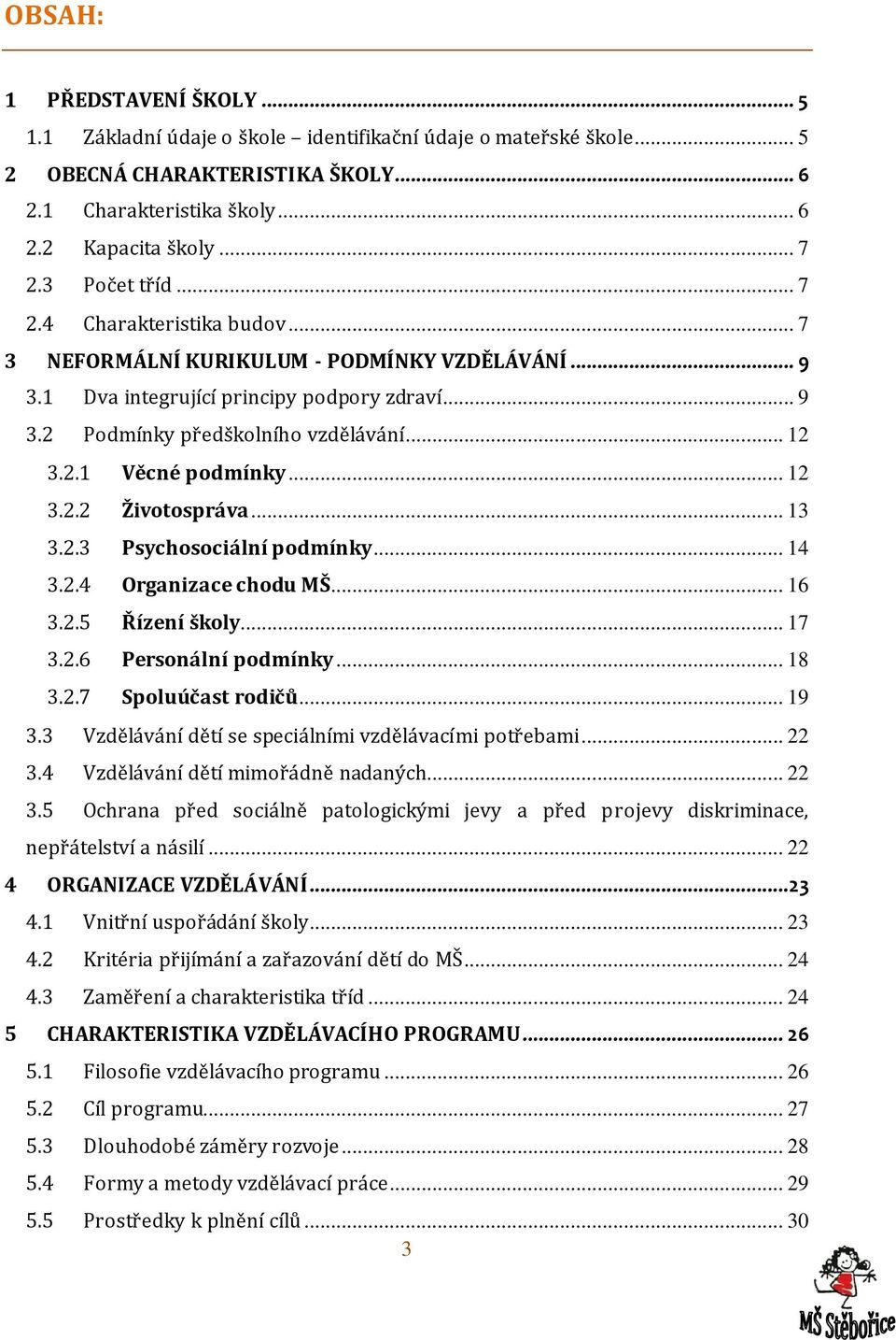 .. 12 3.2.2 Životospráva... 13 3.2.3 Psychosociální podmínky... 14 3.2.4 Organizace chodu MŠ... 16 3.2.5 Řízení školy... 17 3.2.6 Personální podmínky... 18 3.2.7 Spoluúčast rodičů... 19 3.