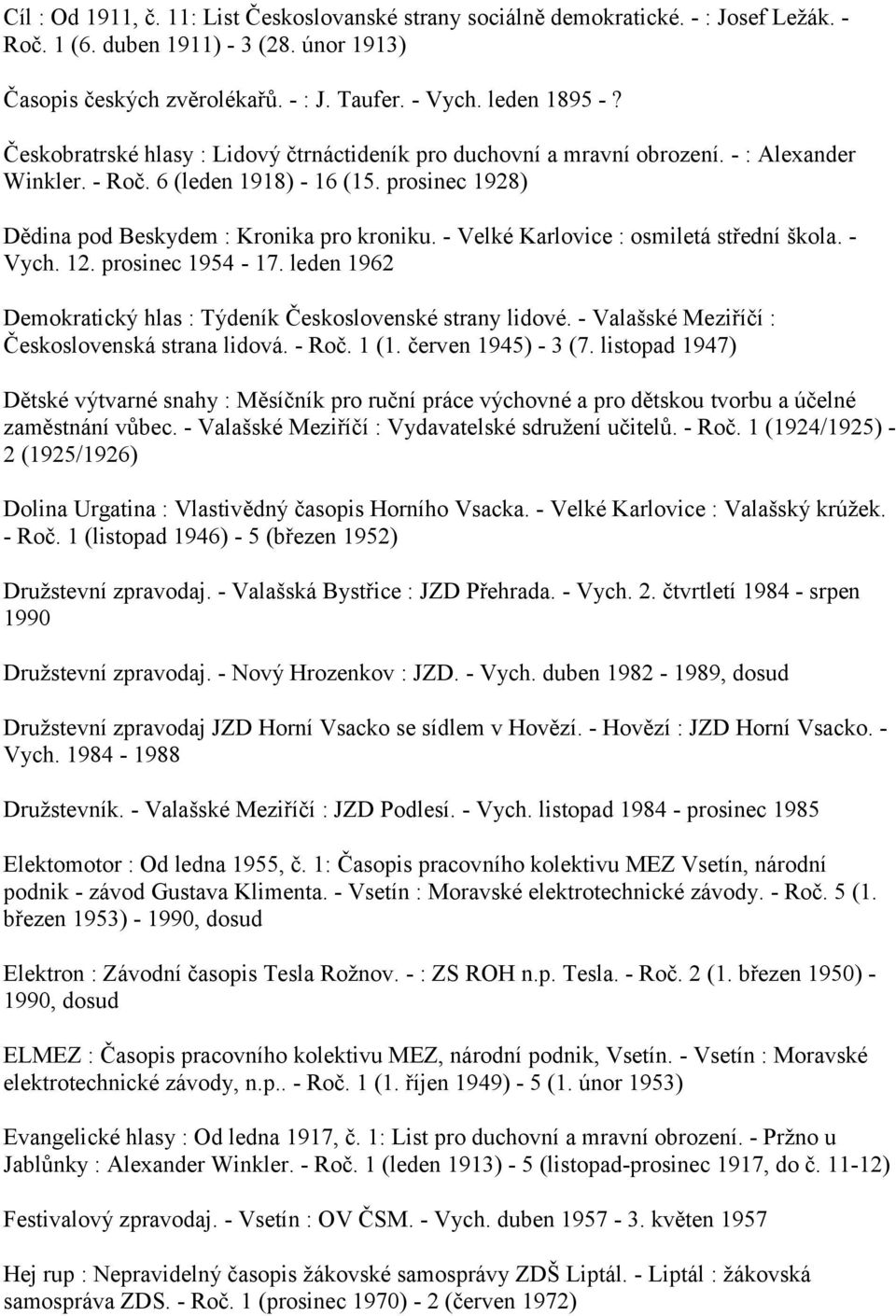 - Velké Karlovice : osmiletá střední škola. - Vych. 12. prosinec 1954-17. leden 1962 Demokratický hlas : Týdeník Československé strany lidové. - Valašské Meziříčí : Československá strana lidová.