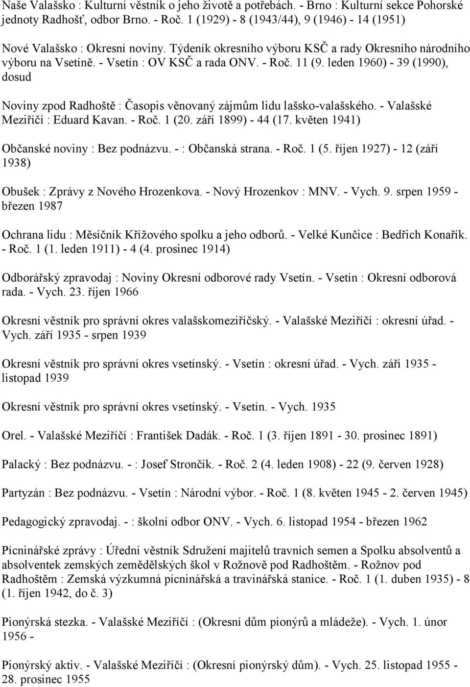 leden 1960) - 39 (1990), dosud Noviny zpod Radhoště : Časopis věnovaný zájmům lidu lašsko-valašského. - Valašské Meziříčí : Eduard Kavan. - Roč. 1 (20. září 1899) - 44 (17.