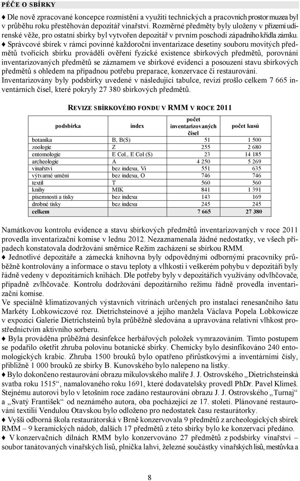 Správcové sbírek v rámci povinné každoroční inventarizace desetiny souboru movitých předmětů tvořících sbírku prováděli ověření fyzické existence sbírkových předmětů, porovnání inventarizovaných