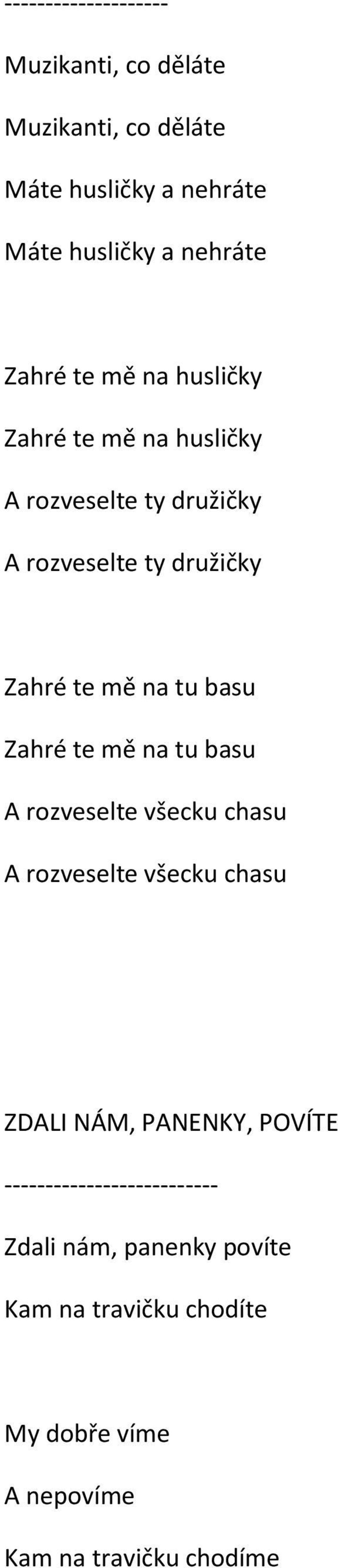 tu basu Zahré te mě na tu basu A rozveselte všecku chasu A rozveselte všecku chasu ZDALI NÁM, PANENKY, POVÍTE