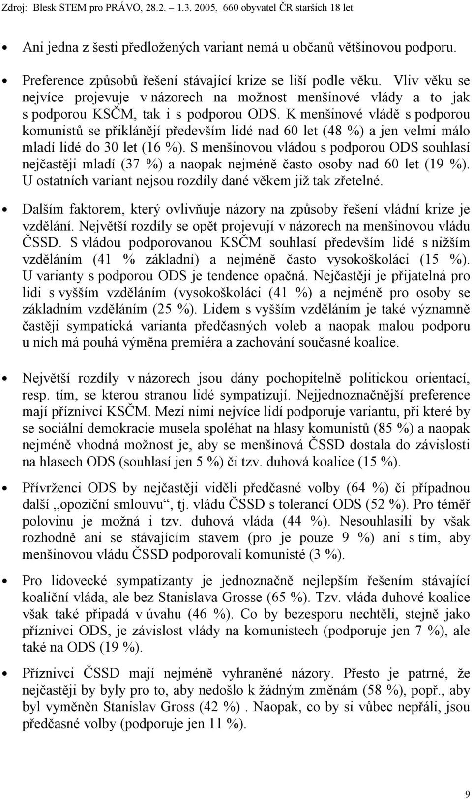 K menšinové vládě s podporou komunistů se přiklánějí především lidé nad 60 let (48 %) a jen velmi málo mladí lidé do 30 let (16 %).