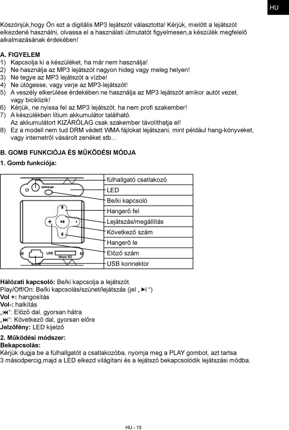 Figyelem 1) Kapcsolja ki a készüléket, ha már nem használja! 2) Ne használja az MP3 lejátszót nagyon hideg vagy meleg helyen! 3) Ne tegye az MP3 lejátszót a vízbe!