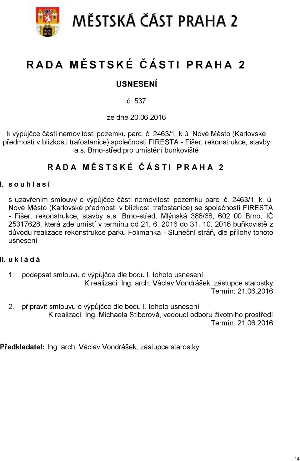 s o u h l a s í R A D A M Ě S T S K É Č Á S T I P R A H A 2 s uzavřením smlouvy o výpůjčce části nemovitosti pozemku parc. č. 2463/1, k. ú.