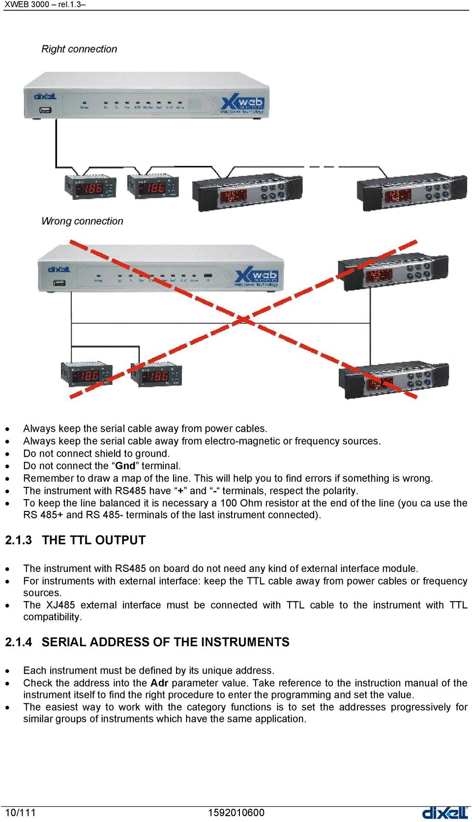 To keep the line balanced it is necessary a 100 Ohm resistor at the end of the line (you ca use the RS 485+ and RS 485- terminals of the last instrument connected). 2.1.3 THE TTL OUTPUT The instrument with RS485 on board do not need any kind of external interface module.