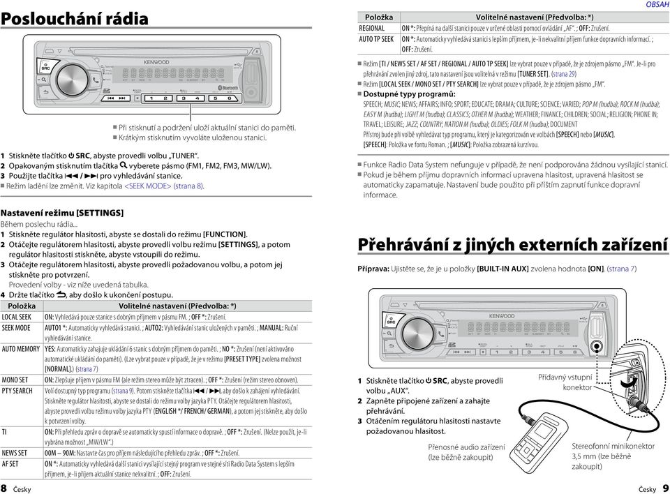 ipod Položka Volitelné nastavení (Předvolba: *) REGIONAL ON *: Přepíná na další stanici pouze v určené oblasti pomocí ovládání AF. ; OFF: Zrušení.