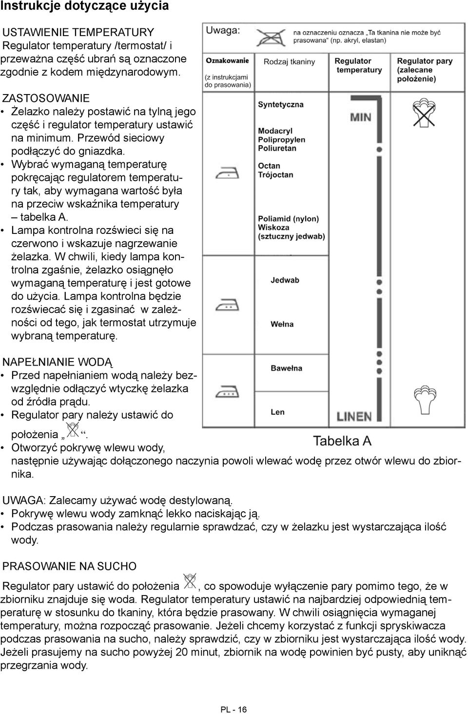 Wybrać wymaganą temperaturę pokręcając regulatorem temperatury tak, aby wymagana wartość była na przeciw wskaźnika temperatury tabelka A.