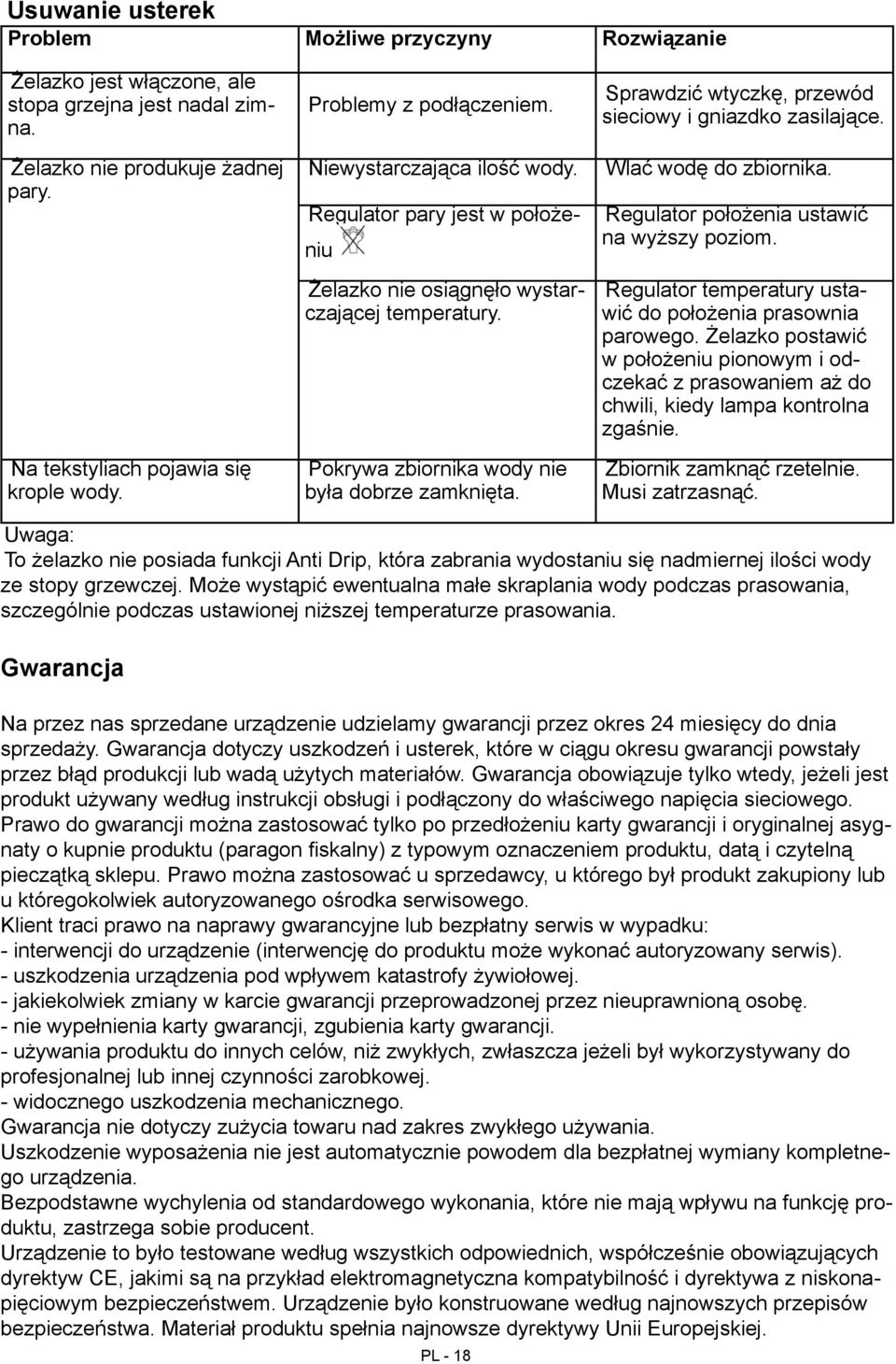 Sprawdzić wtyczkę, przewód sieciowy i gniazdko zasilające. Wlać wodę do zbiornika. Regulator położenia ustawić na wyższy poziom. Regulator temperatury ustawić do położenia prasownia parowego.