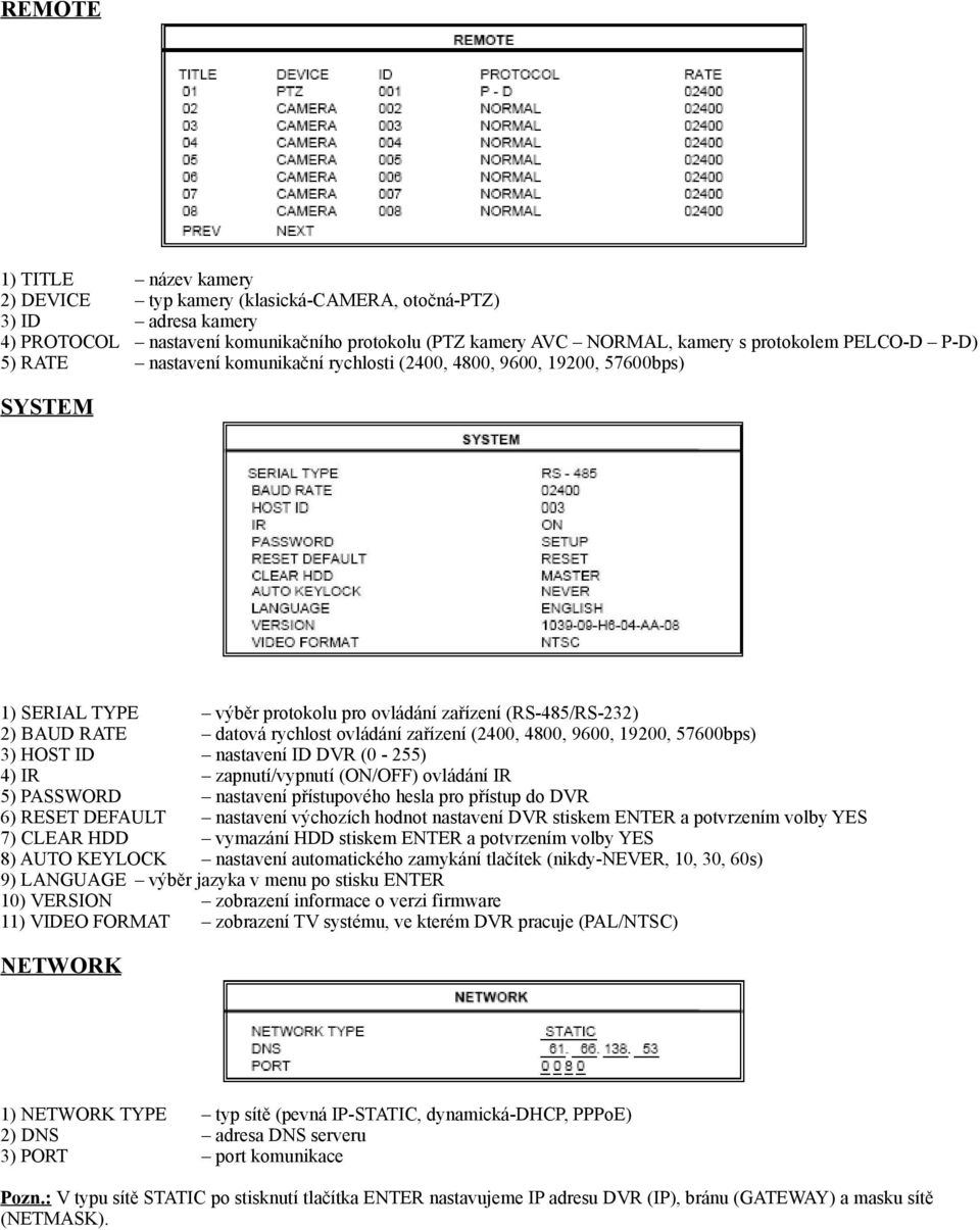 zařízení (2400, 4800, 9600, 19200, 57600bps) 3) HOST ID nastavení ID DVR (0-255) 4) IR zapnutí/vypnutí (ON/OFF) ovládání IR 5) PASSWORD nastavení přístupového hesla pro přístup do DVR 6) RESET