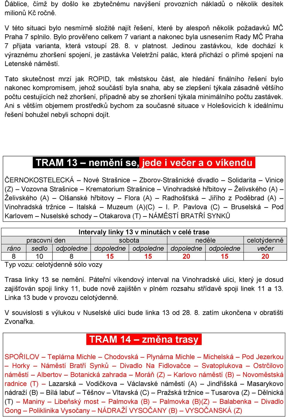 Bylo prověřeno celkem 7 variant a nakonec byla usnesením Rady MČ Praha 7 přijata varianta, která vstoupí 28. 8. v platnost.