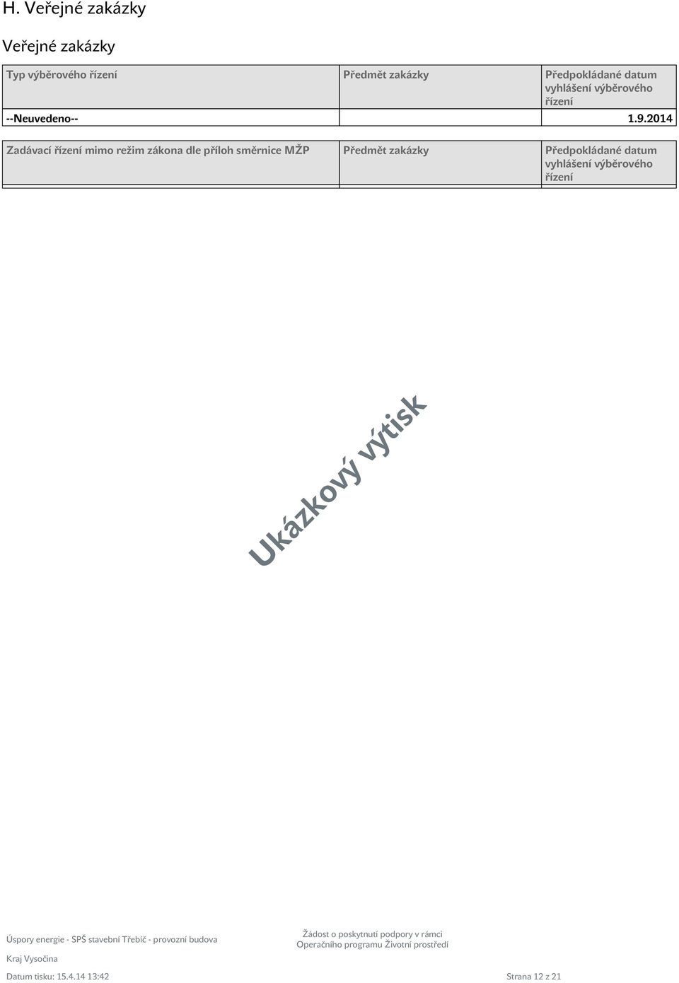 2014 Zadávací řízení mimo režim zákona dle příloh směrnice MŽP Předmět
