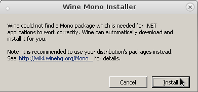 Okno Wine Mono Installer potvrdíme volbou Install.