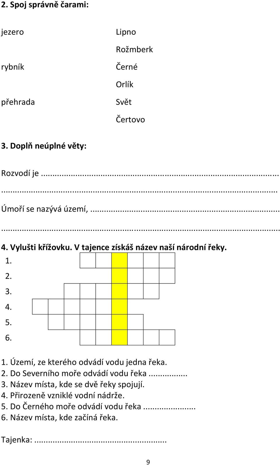 V tajence získáš název naší národní řeky. 1. 2. 3. 4. 5. 6. 1. Území, ze kterého odvádí vodu jedna řeka. 2. Do Severního moře odvádí vodu řeka.