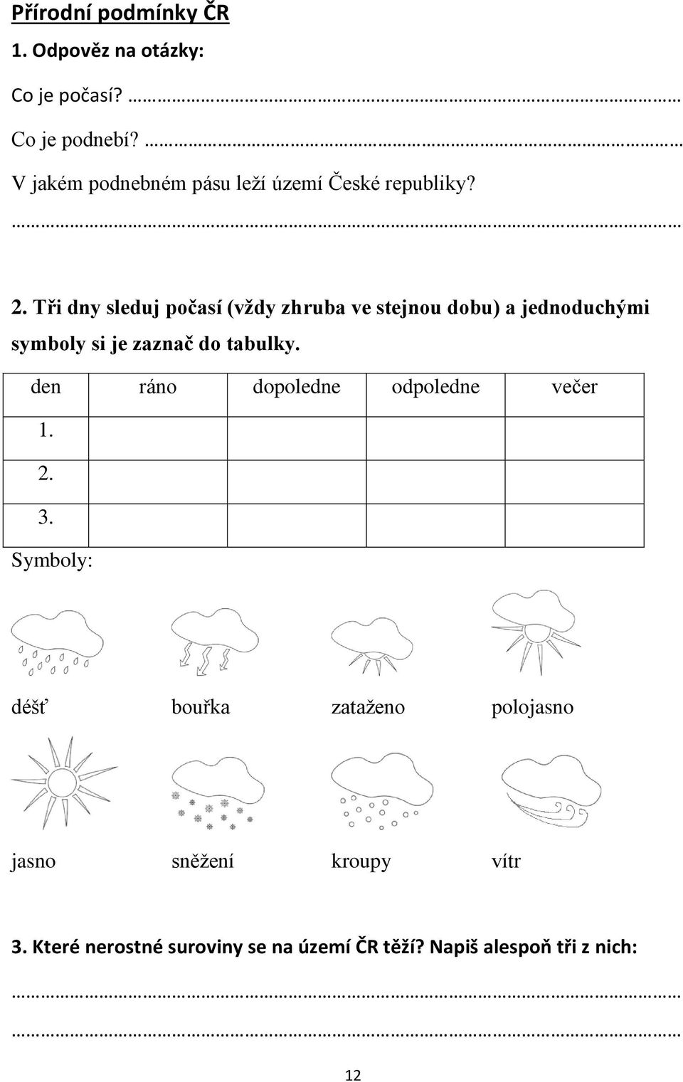 Tři dny sleduj počasí (vždy zhruba ve stejnou dobu) a jednoduchými symboly si je zaznač do tabulky.