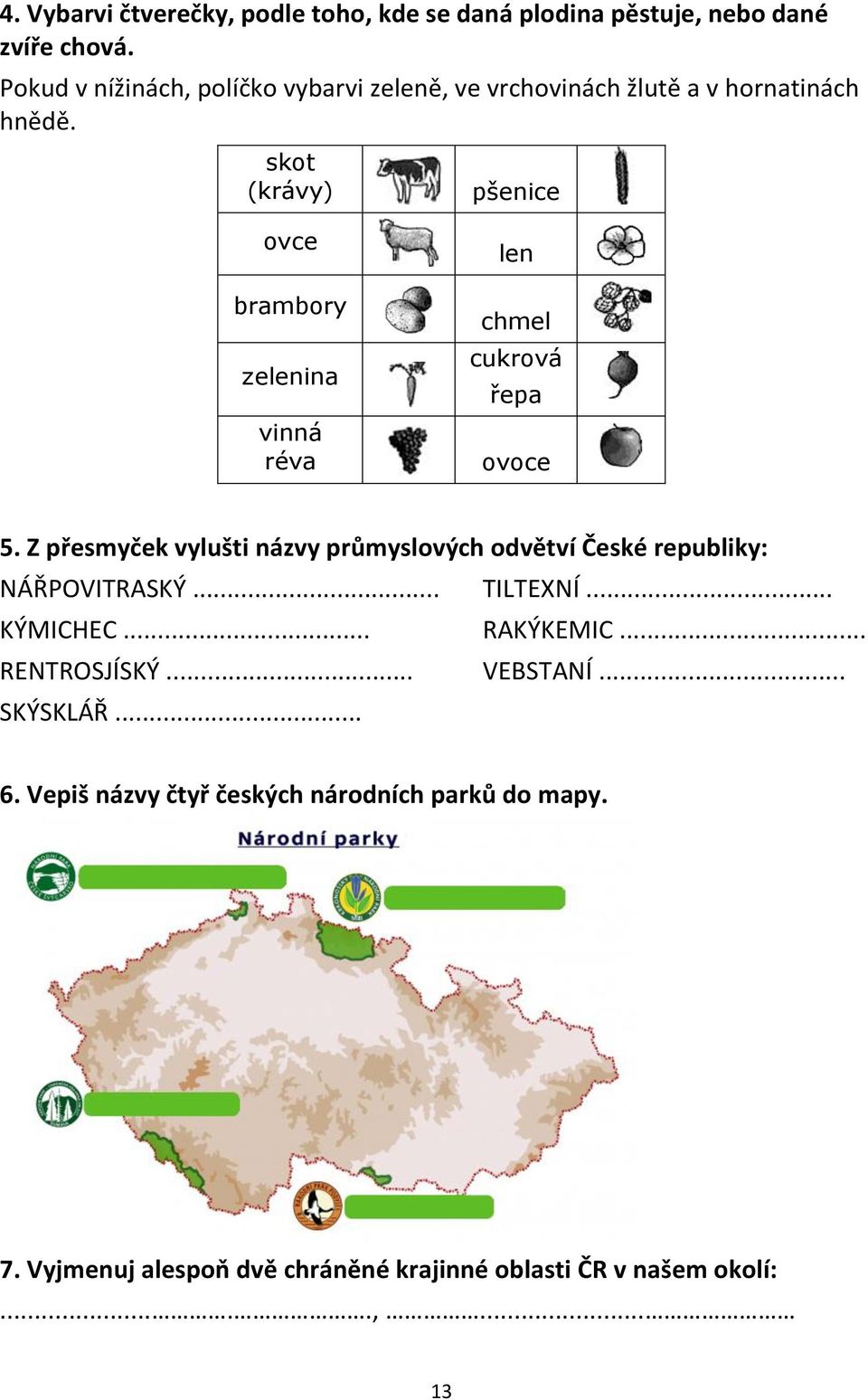 skot (krávy) pšenice ovce brambory zelenina vinná réva len chmel cukrová řepa ovoce 5.