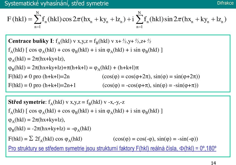 (h+k+l)=+1 (cos() = -cos(+), si() = -si(+)) Střed symetrie: f A (hkl) v x,y,z = f B (hkl) v -x,-y,-z f A (hkl) [ cos A (hkl) + cos B (hkl) + i si A (hkl) + i si B (hkl) ] A (hkl) =