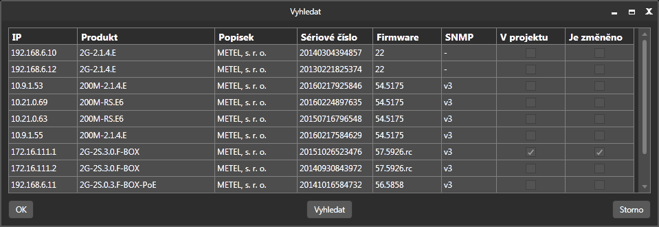 5.4 Připojení zařízení přes LAN Simuland automaticky vyhledává všechna dostupná METEL zařízení s podporou protokolů PGM, SNMP v2c, v3 v lokální síti, viz podporovaná zařízení.