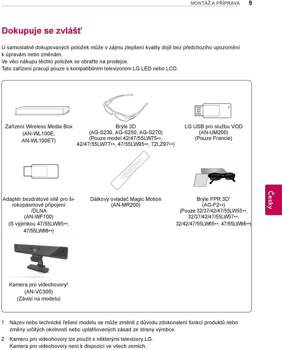 Zařízení Wireless Media Box (AN-WL100E, AN-WL100ET) Brýle 3D (AG-S230, AG-S250, AG-S270) (Pouze model 42/47/55LW75**, 42/47/55LW77**, 47/55LW95**, 72LZ97**) LG USB pro službu VOD (AN-UM200) (Pouze